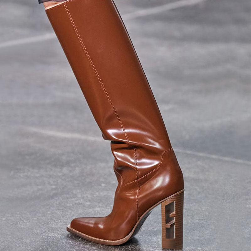 Square Toe Hollow-out Chunky Heel Cowhide Commuter Long Fashion Boots