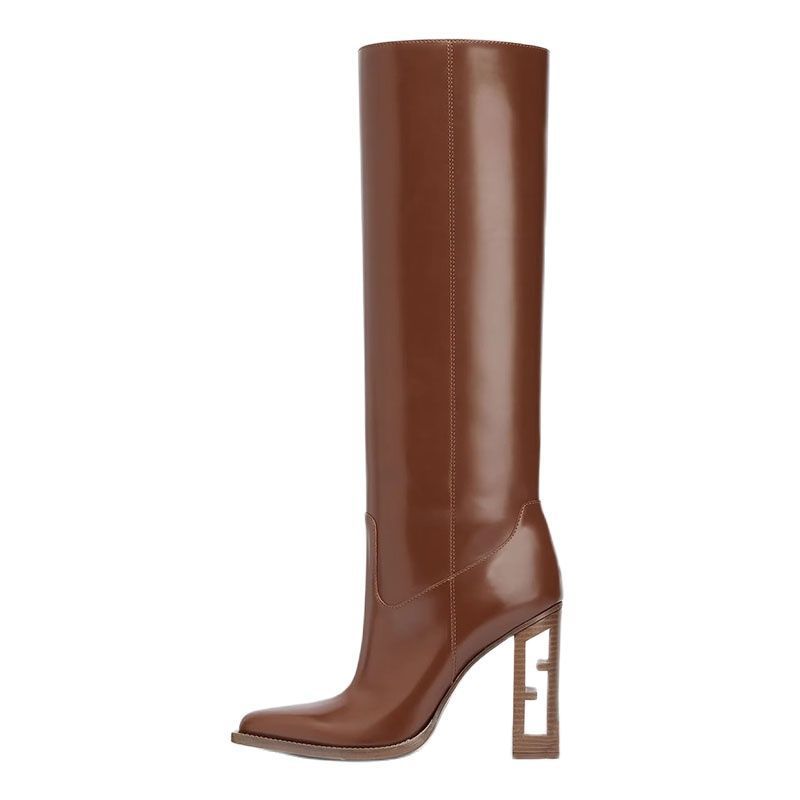 Square Toe Hollow-out Chunky Heel Cowhide Commuter Long Fashion Boots