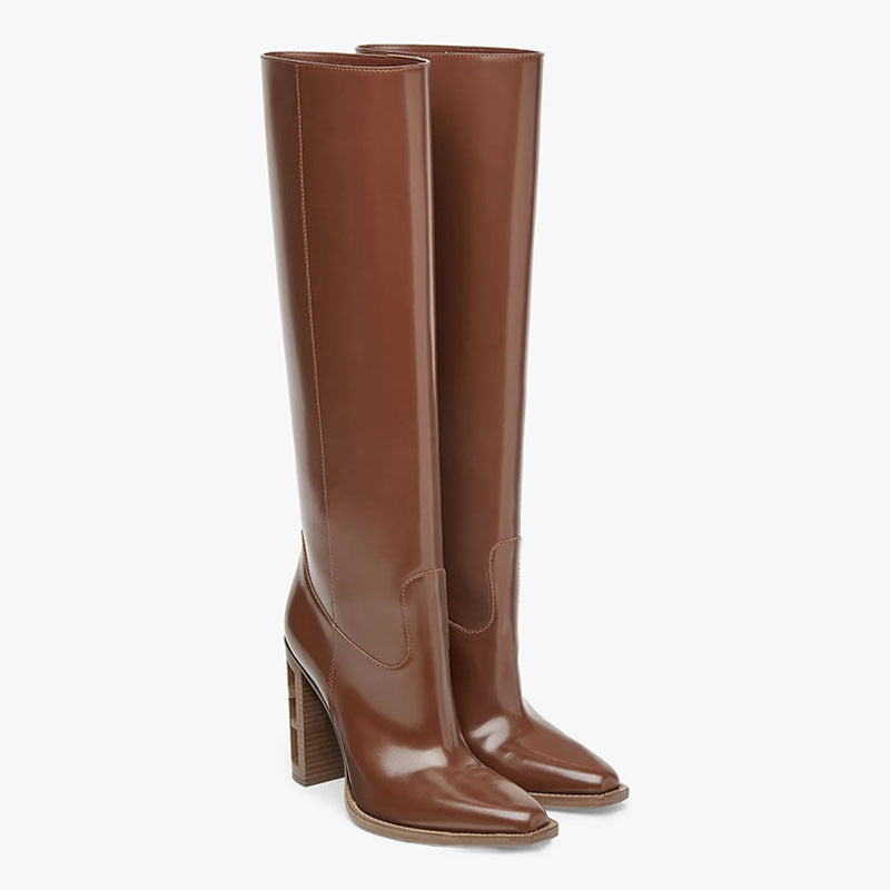 Square Toe Hollow-out Chunky Heel Cowhide Commuter Long Fashion Boots