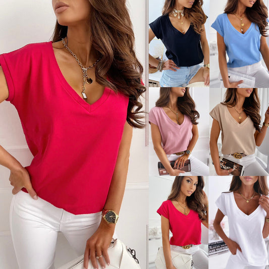 Spring And Summer Solid Color Short-sleeved V-neck Simplicity T-shirt Top For Women