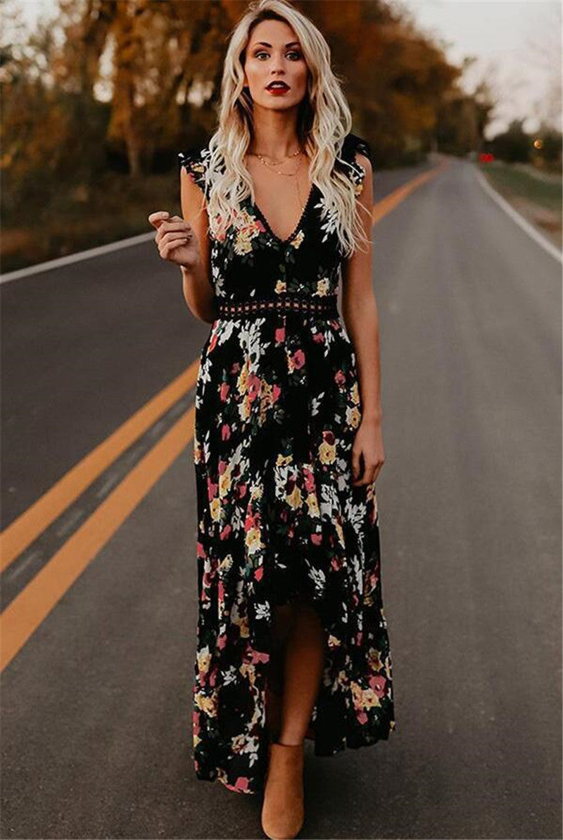 Sleeveless printing irregular dress