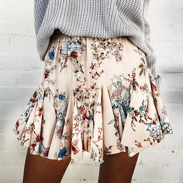 Retro Pleated Women Floral Print Rockabilly Elastic High Waist Hips-Wrapped Mini Skirts