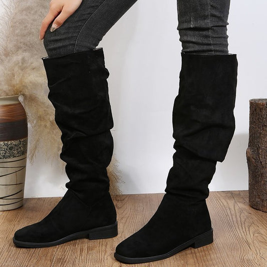 High Tube Round Toe Large Size Solid Color Chunky Heel Fashion Boots