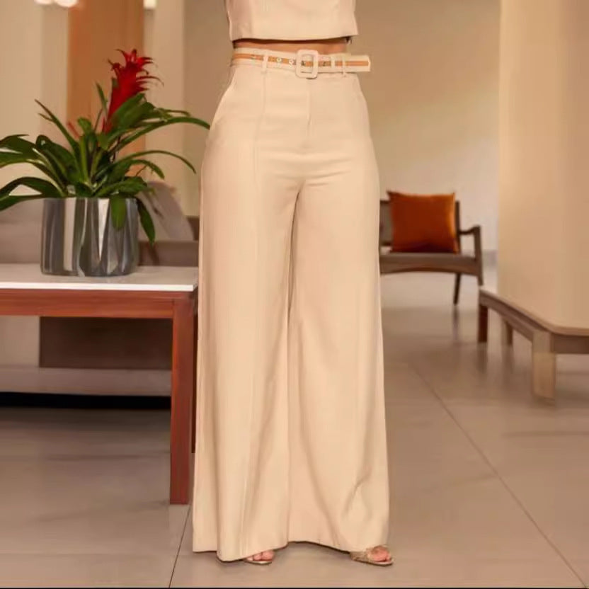 Solid Color Round Neck Sleeveless Short High Waist Wide Leg Pants Suit