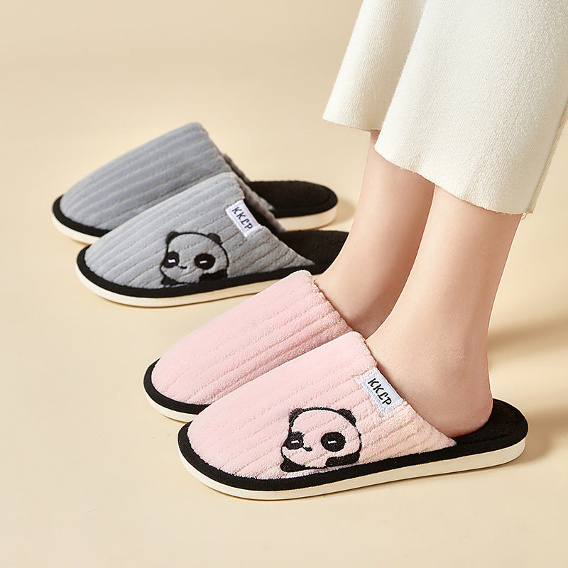 Cute Panda Slippers Winter Warm Home Indoor Non-slip Bedroom Floor Soft Slipper For Couple Fashion Solid Striped House Shoes Women