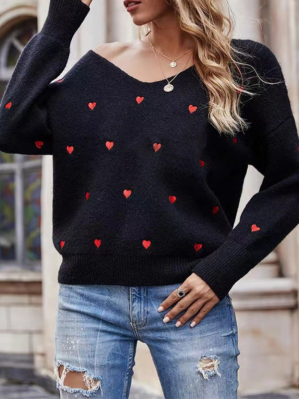 Women's Long-sleeved Pullover Sweater Solid Color Heart-shaped Jacquard Knitted Top