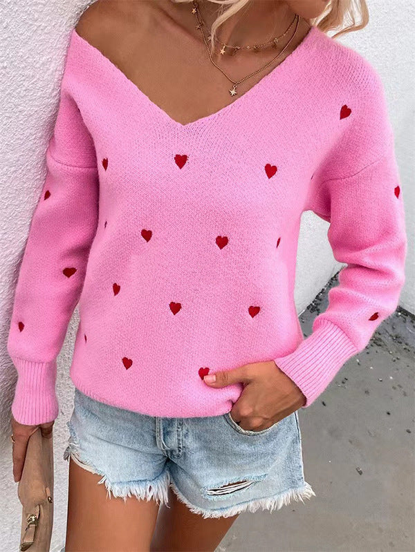 Women's Long-sleeved Pullover Sweater Solid Color Heart-shaped Jacquard Knitted Top