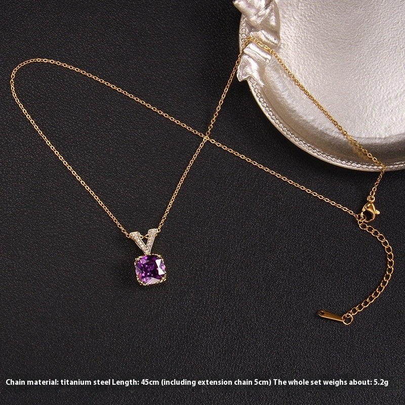 Purple Zircon Necklace Female With Hearts Pendant Ornaments