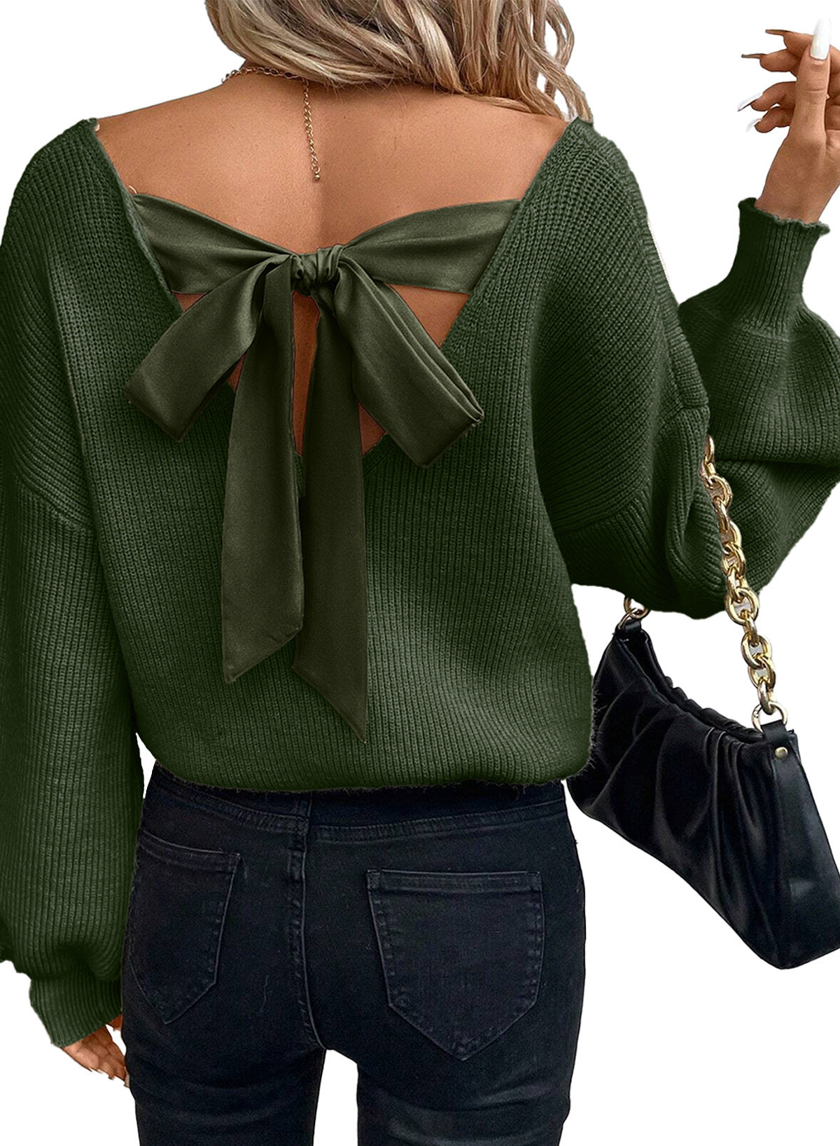 Women's Solid Color Sweater Long Sleeve Casual Loose Bow Top