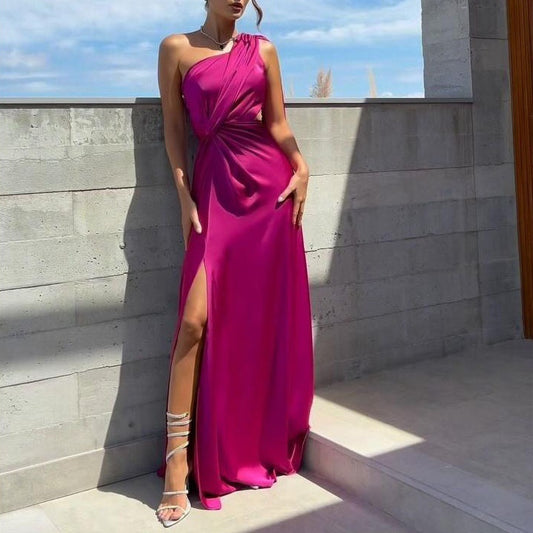 Women's One-shoulder Pleated Slit Satin Dress