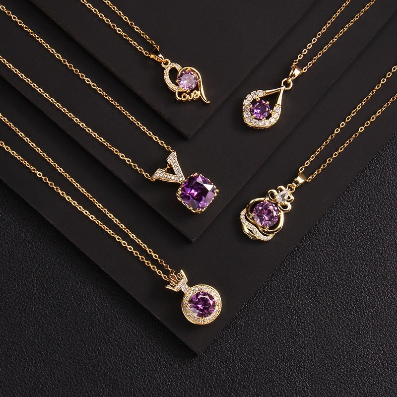 Purple Zircon Necklace Female With Hearts Pendant Ornaments