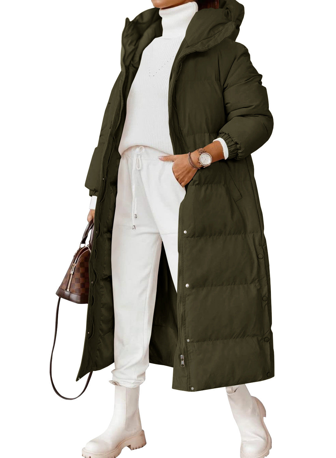 Solid Color Hooded Long Elegant Cotton-padded Coat Fashion Long-sleeve Zipper Pocket Women's Coat