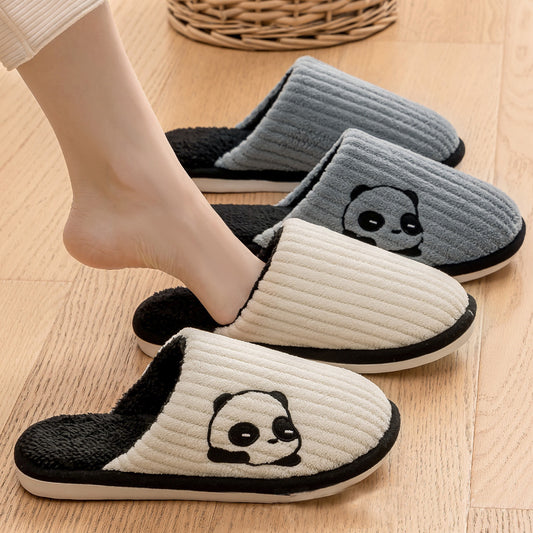 Cute Panda Slippers Winter Warm Home Indoor Non-slip Bedroom Floor Soft Slipper For Couple Fashion Solid Striped House Shoes Women