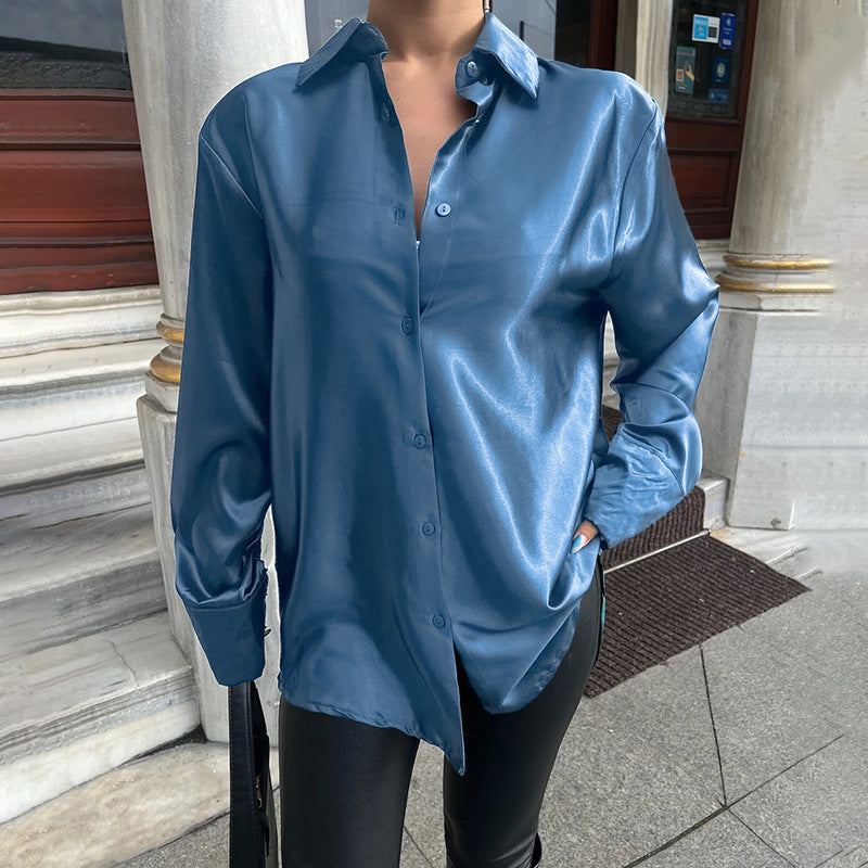 European And American Style Graceful And Fashionable Slim-fit Glossy Satin Shirt Top