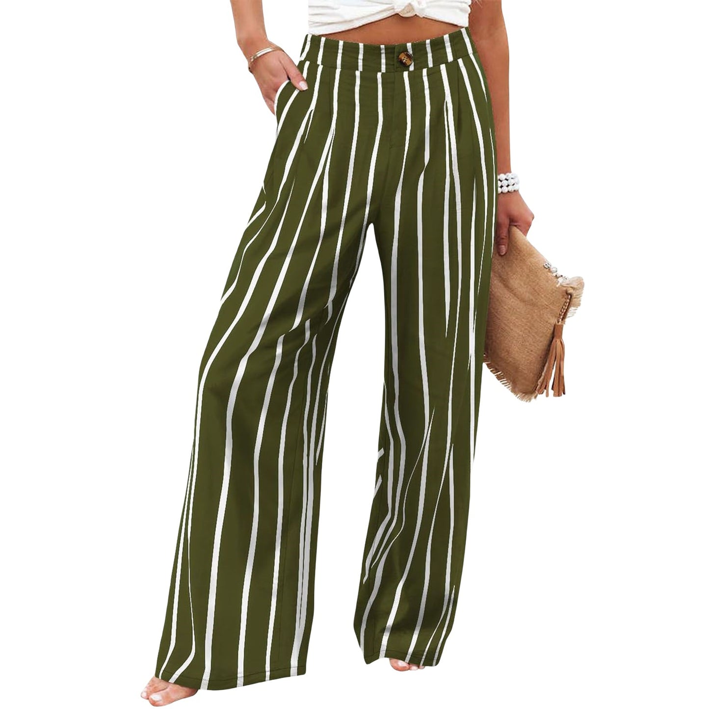 Women's Button Elastic Waist Wide Leg Trousers