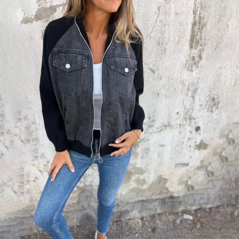 Denim Stitching Jacket Casual Fashion Raglan Sleeve Coat