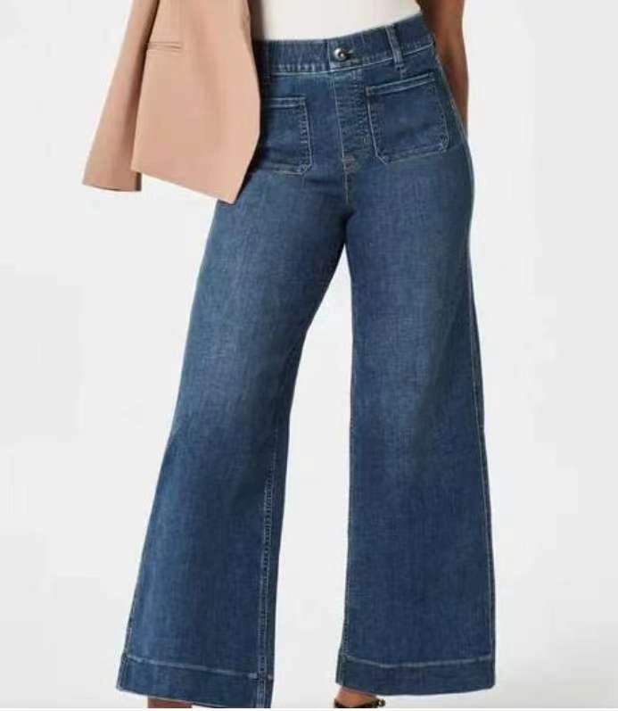 Cropped Style Wide Leg Women's Clothing Oversized Jeans, Shade Blue