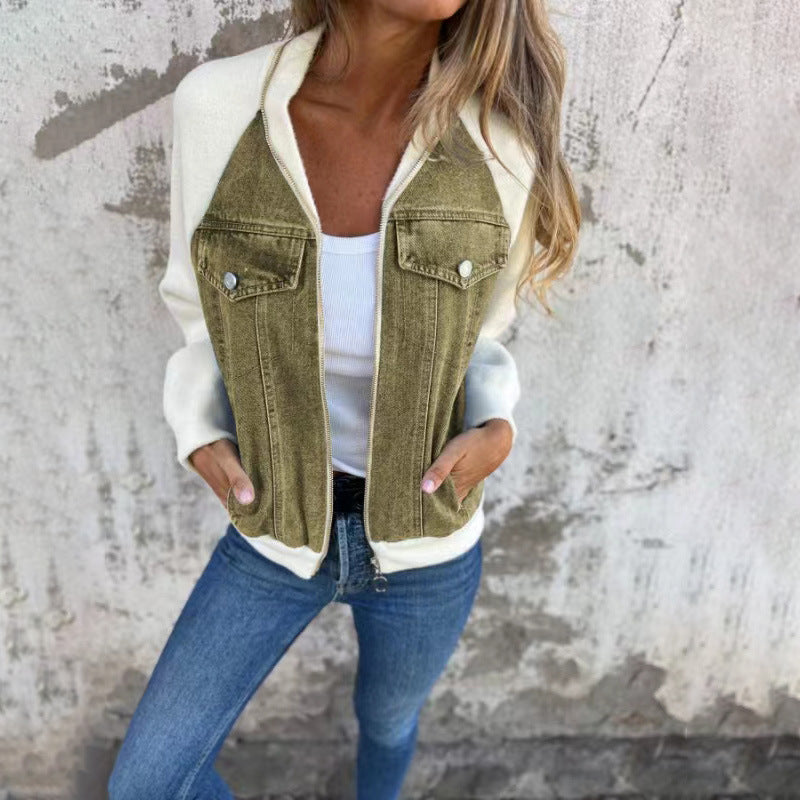 Denim Stitching Jacket Casual Fashion Raglan Sleeve Coat