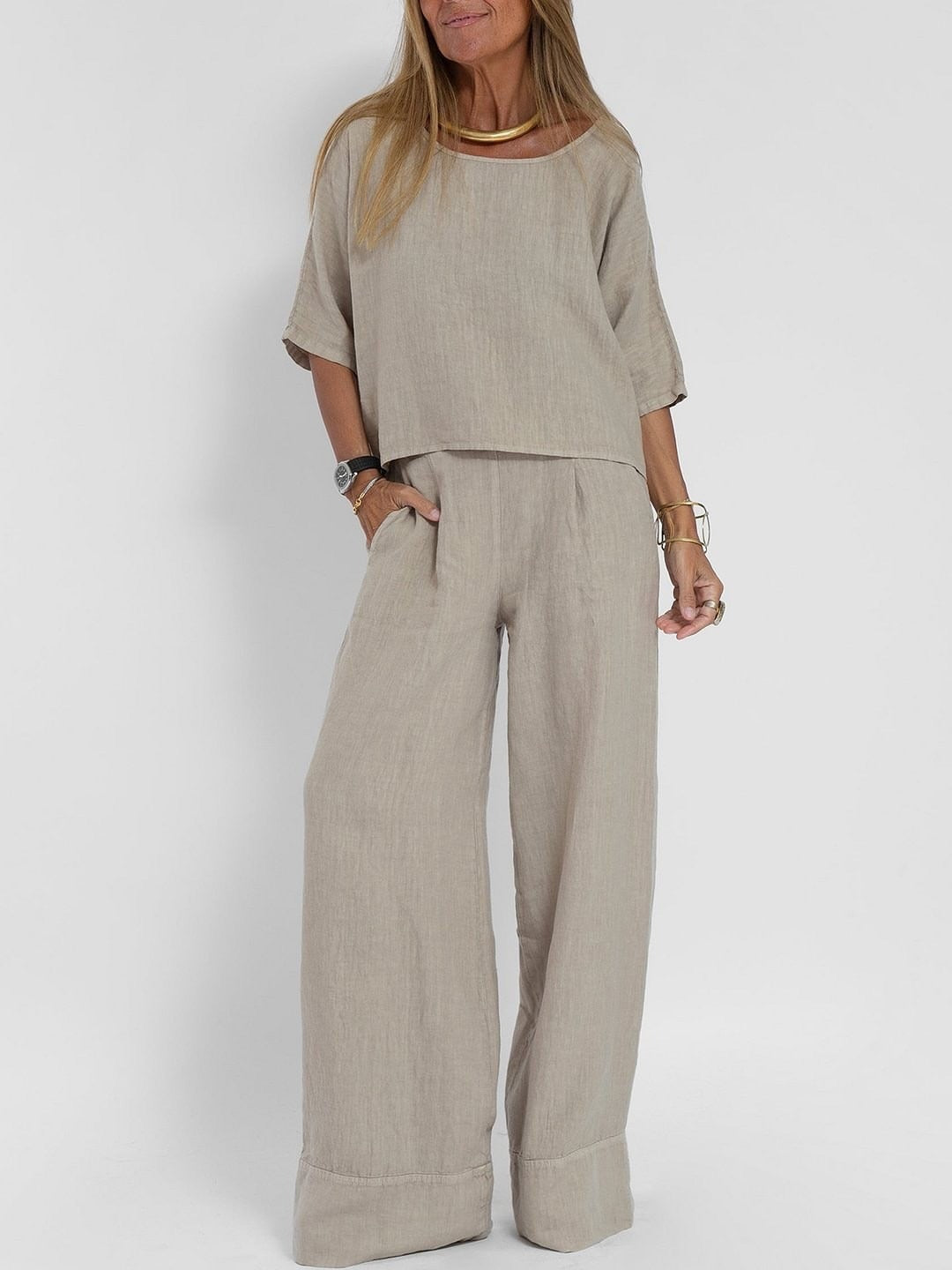 Women's Cotton And Linen Casual Cropped Sleeves Wide-leg Pants Suit