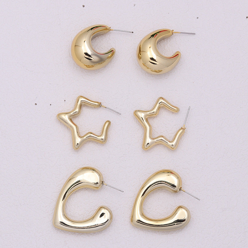 Gold-plated C- Ring Circle Three-piece Earrings Personalized Simple Acrylic