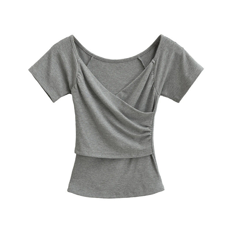 Hot Girl Cross V-neck Pure Desire Sexy Short Sleeve Slim Fit