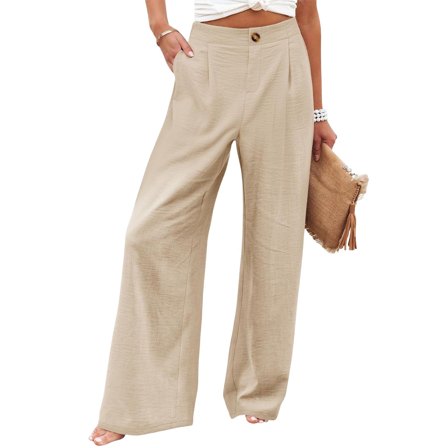 Women's Button Elastic Waist Wide Leg Trousers