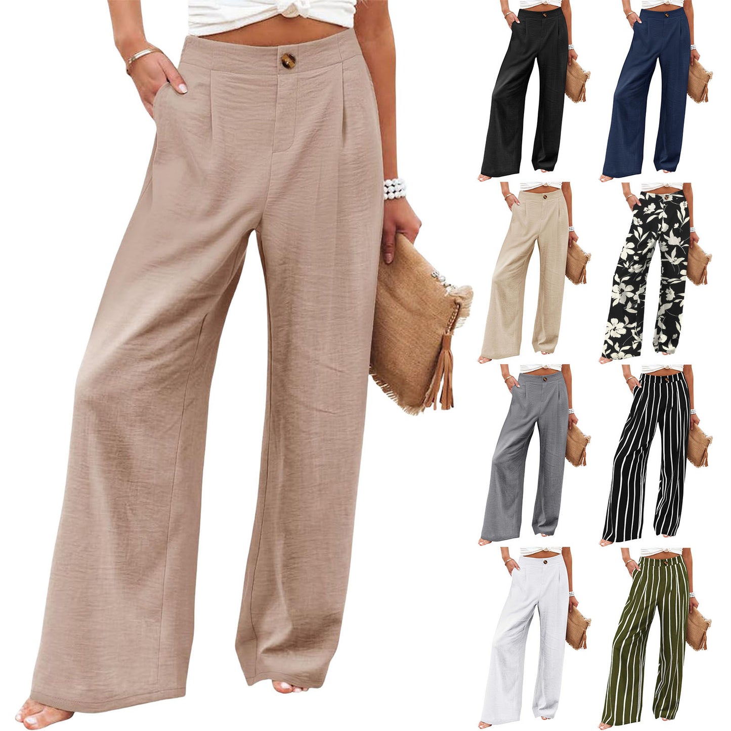 Women's Button Elastic Waist Wide Leg Trousers