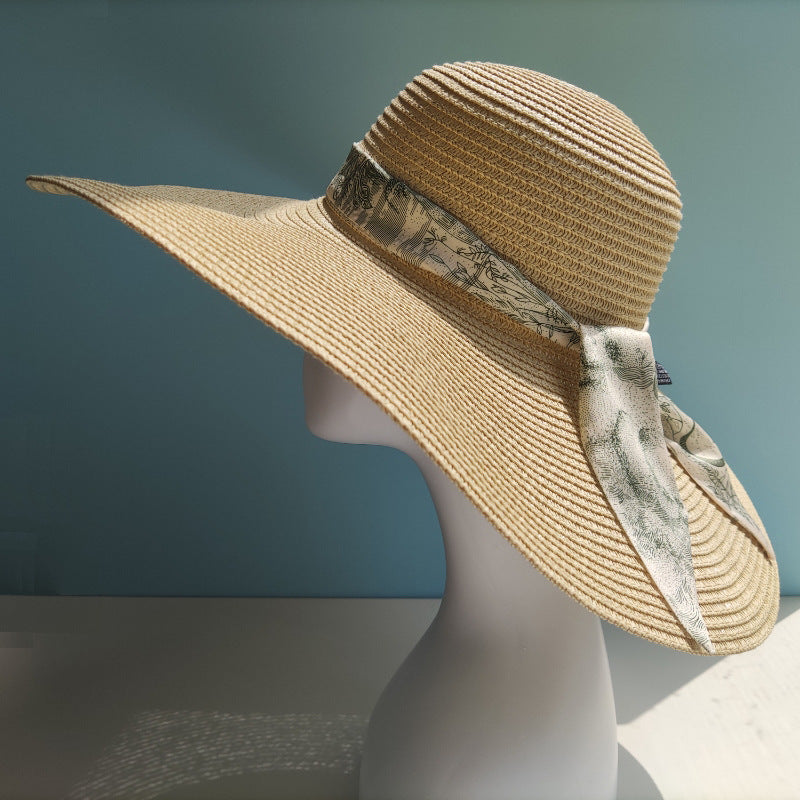 Brim Full Cover Face Hat Non-printed Beach Vacation High Sense Ribbon Decoration