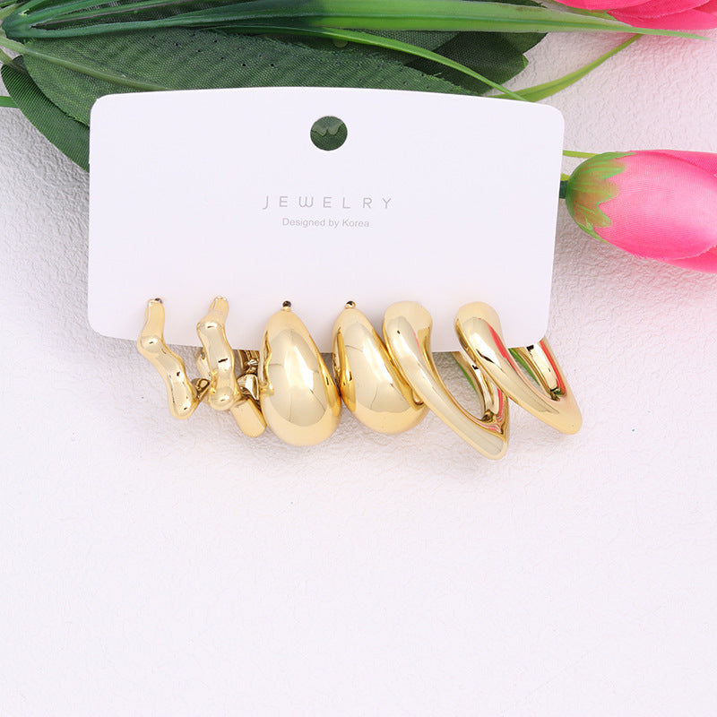 Gold-plated C- Ring Circle Three-piece Earrings Personalized Simple Acrylic