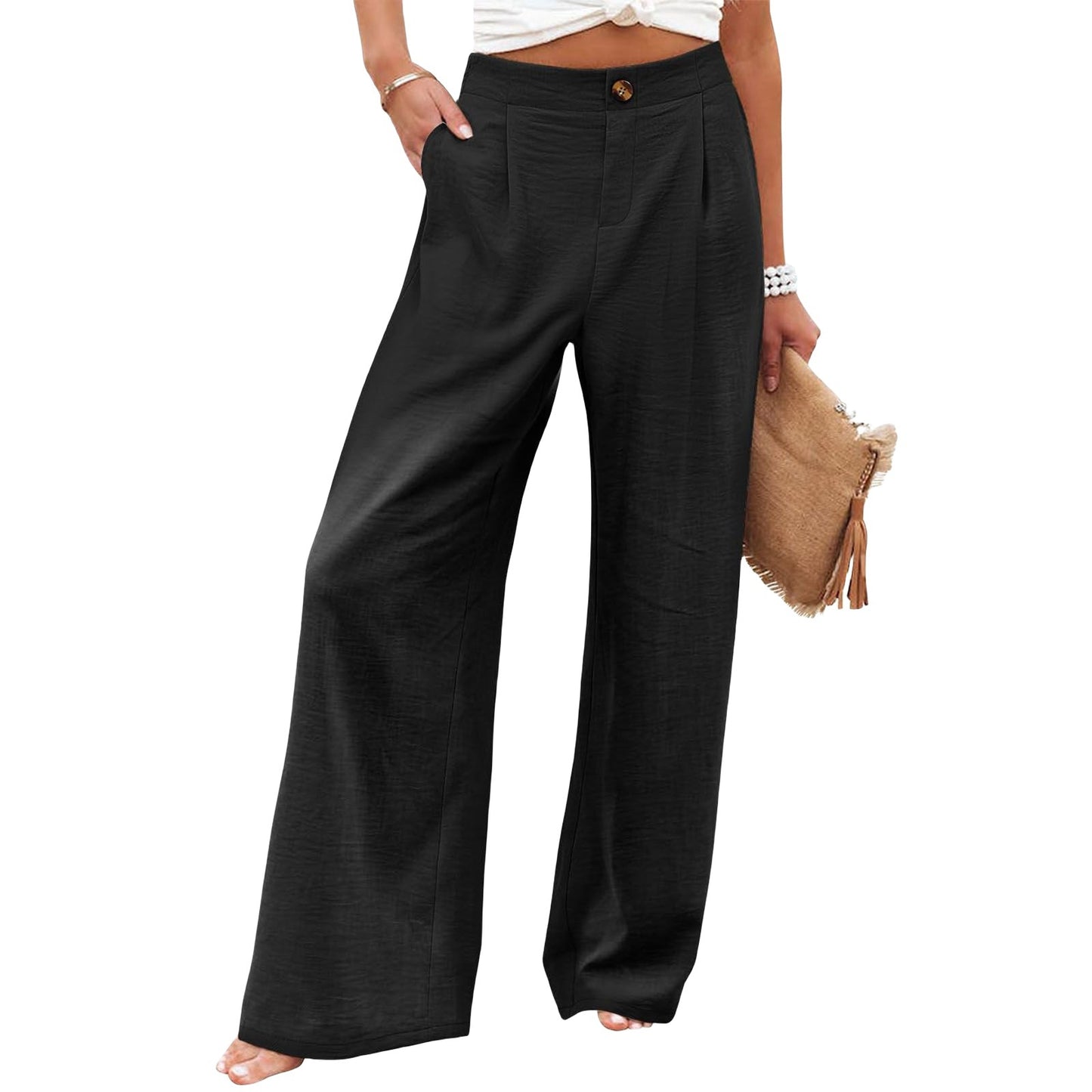 Women's Button Elastic Waist Wide Leg Trousers