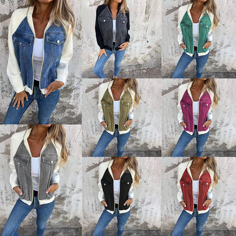 Denim Stitching Jacket Casual Fashion Raglan Sleeve Coat