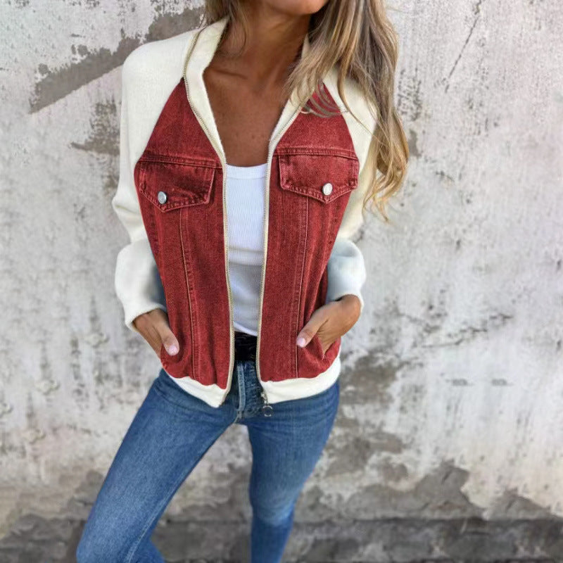 Denim Stitching Jacket Casual Fashion Raglan Sleeve Coat