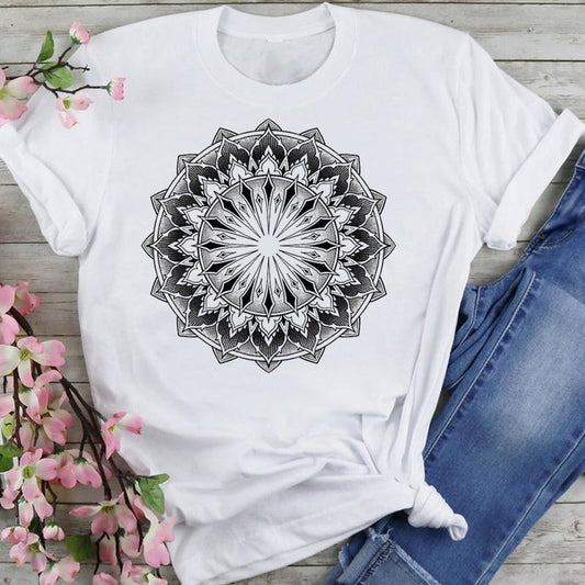 T-shirt Women's Printed Short Sleeve Datura Flower Floral Print White Round Neck