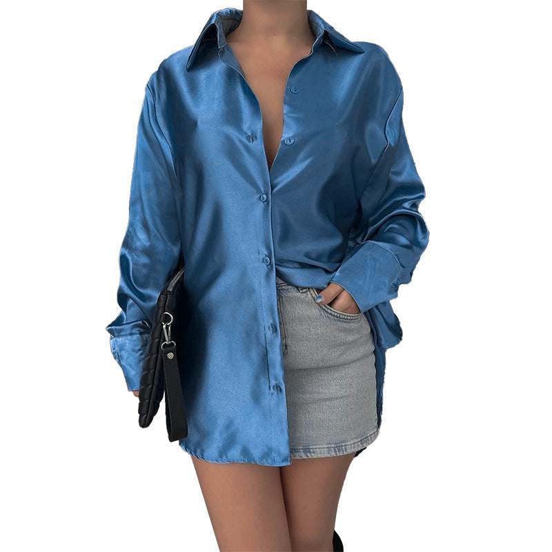 European And American Style Graceful And Fashionable Slim-fit Glossy Satin Shirt Top