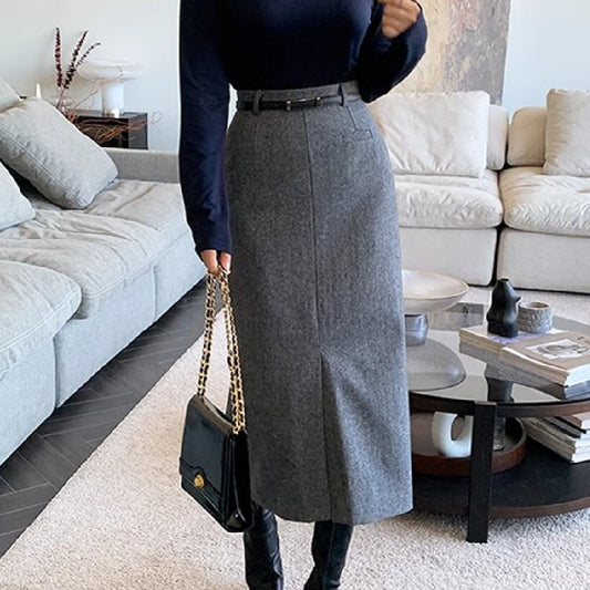 Gray Women's Autumn And Winter Thickened High Waist Mid-length Commuting Figure Flattering Sheath Skirt