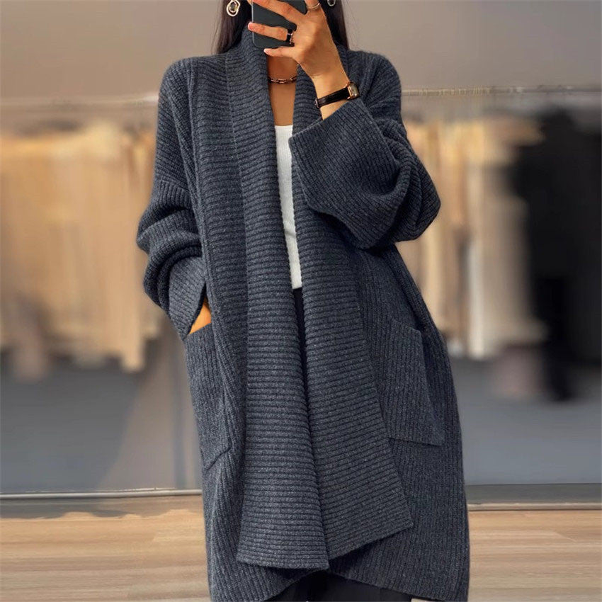 Solid Color Knitted Cardigan Loose Pockets Sweater Coat