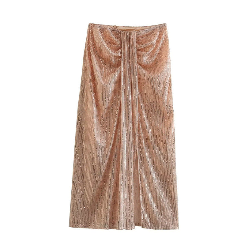 European And American Style Pleated High Waist Slimming Light Luxury Mid-length Sequins Skirt