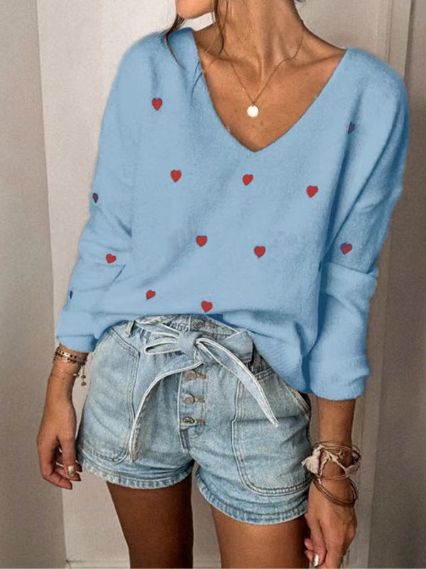 Women's Long-sleeved Pullover Sweater Solid Color Heart-shaped Jacquard Knitted Top