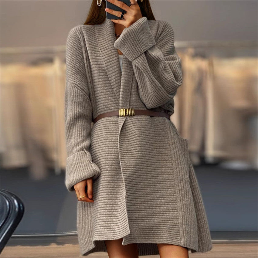 Solid Color Knitted Cardigan Loose Pockets Sweater Coat