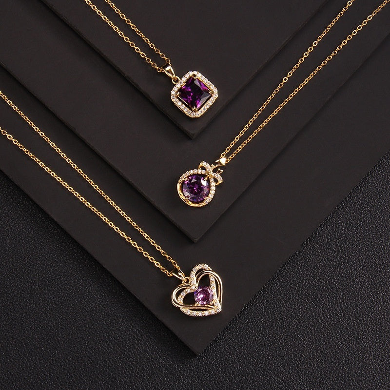 Purple Zircon Necklace Female With Hearts Pendant Ornaments