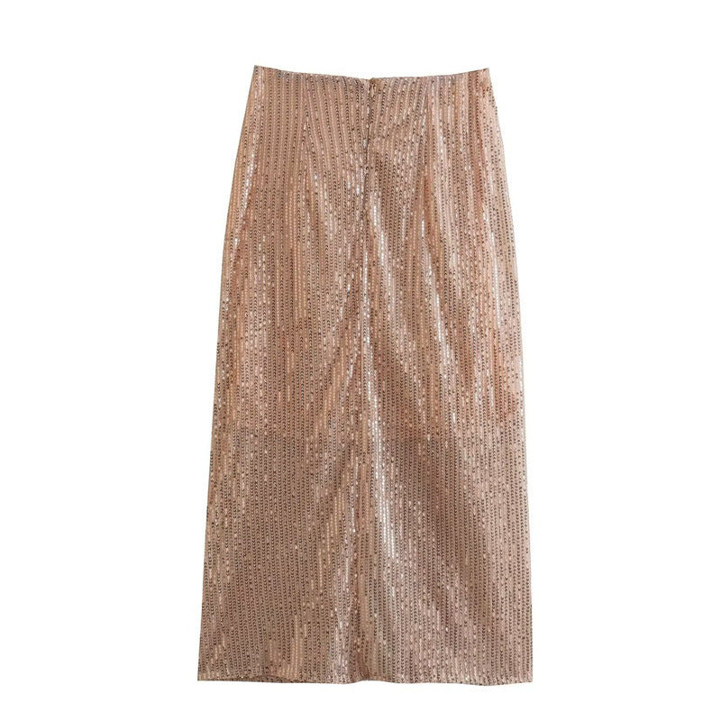 European And American Style Pleated High Waist Slimming Light Luxury Mid-length Sequins Skirt