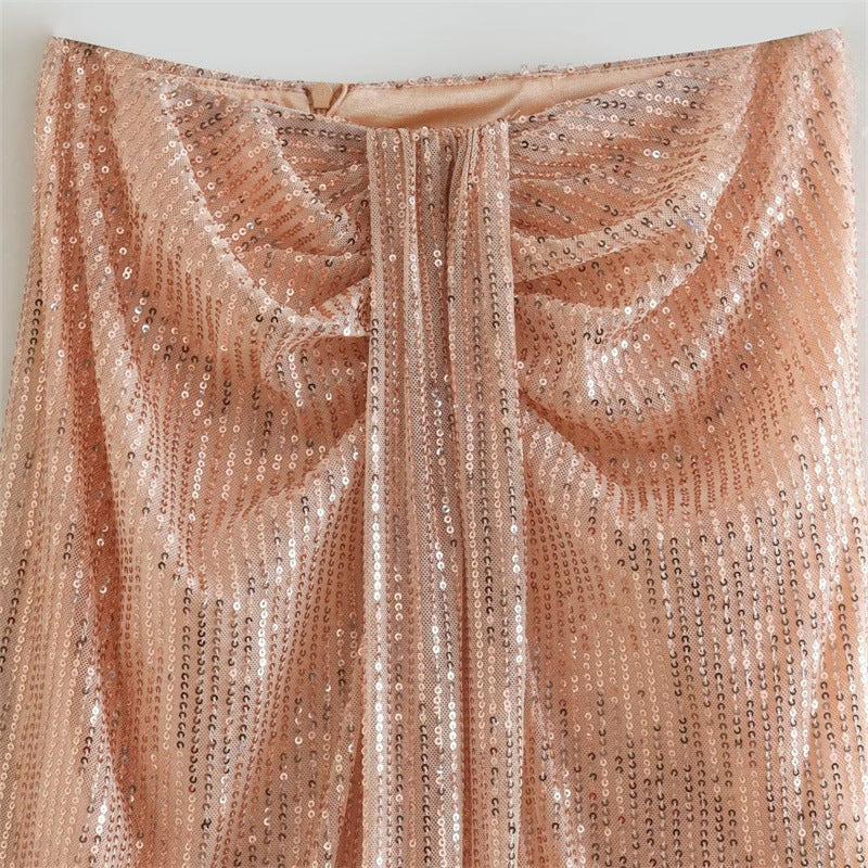 European And American Style Pleated High Waist Slimming Light Luxury Mid-length Sequins Skirt